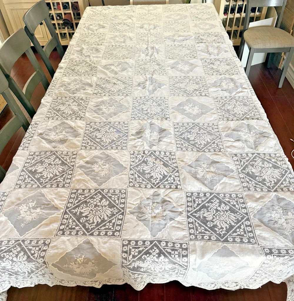 VTG Linen Filet Lace Banquet Tablecloth Floral Applique Army Navy 115